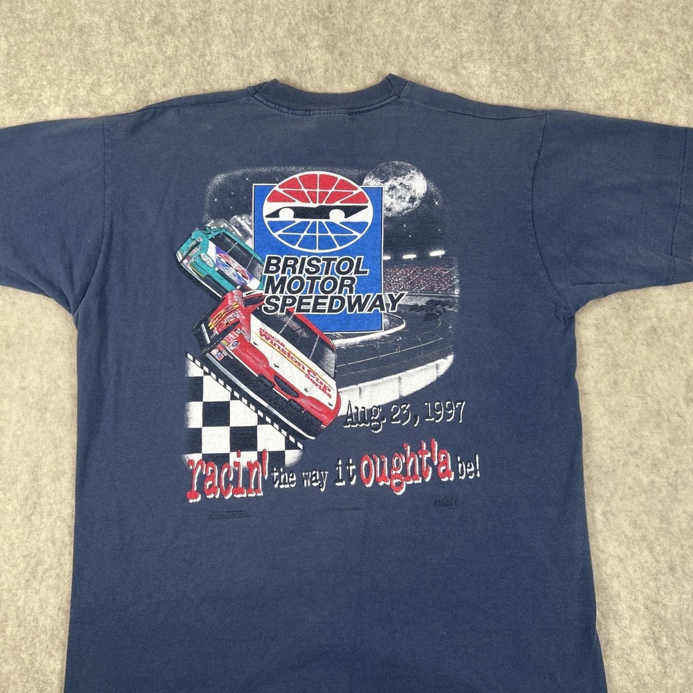 1997 Single Stitch Bristol Motor Speedway NASCAR T Shirt Men’s Size Large Blue
